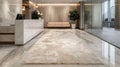 The reception area boasts a plush creamcolored area rug adding a touch of comfort and warmth to the sleek marble floors