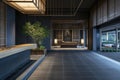 Reception area at a modern hotel has a large light, in the style of shodo,in the style of light blue and dark gray, subtle Royalty Free Stock Photo