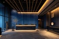 Reception area at a modern hotel has a large light, in the style of shodo,in the style of light blue and dark gray, subtle Royalty Free Stock Photo