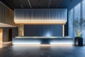 Reception area at a modern hotel has a large light, in the style of shodo,in the style of light blue and dark gray, subtle Royalty Free Stock Photo