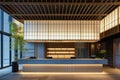 Reception area at a modern hotel has a large light, in the style of shodo,in the style of light blue and dark gray, subtle Royalty Free Stock Photo