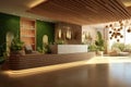 reception area of a wellness center, with aloe vera motifs, natural materials, and a soothing color palette, conveying a sense of