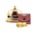 Reception bell with wallet and golden coins Royalty Free Stock Photo