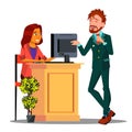 Reception, Cute Girl Behind The Desk Reception Meeting The Guest Vector. Isolated Illustration