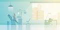 Reception at Dentist doctor`s office Flat vector illustration. Doctor with Patient in armchair in Dental Medical Clinic interior Royalty Free Stock Photo