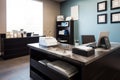 reception desk with books, stationary, and other office supplies for a sleek and stylish setup