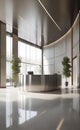 Reception desk and checkpoint at the entrance to a large modern office or hotel, modern visiting services,