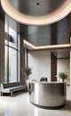 Reception desk and checkpoint at the entrance to a large modern office or hotel, modern visiting services,