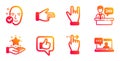 Reception desk, Click hand and Loyalty program icons set. Like, Touchscreen gesture and Health skin signs. Vector