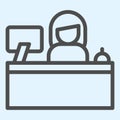 Reception desk line icon. Hotel service with woman clerk and monitor. Horeca vector design concept, outline style