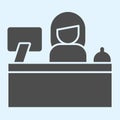 Reception desk solid icon. Hotel service with woman clerk and monitor. Horeca vector design concept, glyph style