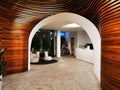 Reception hall with futuristic interior and harmonious brown and white colours