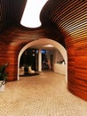 Reception hall with futuristic interior and harmonious brown and white colours