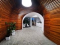 Reception hall with futuristic interior and harmonious brown and white colours