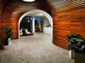 Reception hall with futuristic interior and harmonious brown and white colours