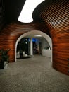 Reception hall with futuristic interior and harmonious brown and white colours