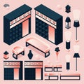 Reception hotel collection with pink and black lobby isometric furniture set