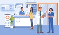 Reception medical center flat vector illustration. doctor talking to nurse character. Hospital waiting room interior. Health and Royalty Free Stock Photo