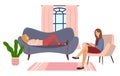 At the reception of a psychotherapist. Young girl is lying on a couch in a psychologist s office