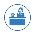 Reception, receptionist, desk, blue color, office, service icon