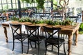 Reception room with decorated tables for the wedding party Royalty Free Stock Photo