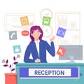 Reception service hotel,Smiling girl sitting at the reception desk.Flat vector illustration