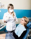 The reception was at the female dentist. Doctor examines the oral cavity on tooth decay. Caries protection. doctor puts Royalty Free Stock Photo