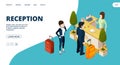 Reception web page. Isometric hotel info point landing. Vector people in hotel