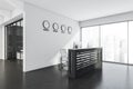 Reception in the white and grey panoramic space with office. Corner view Royalty Free Stock Photo