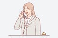 Receptionist woman talking on phone answering customer call with request to send maid or waiter