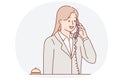 Receptionist woman talking on phone answering customer call with request to send maid or waiter