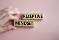 Receptive Mindset symbol. Concept word Receptive Mindset on wooden blocks. Businessman hand. Beautiful pink background. Business
