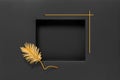 Recessed black paper frame decorated with dry yellow palm shape leaf. Abstract cardboard poster background. Mockup picture frame Royalty Free Stock Photo