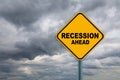 Recession ahead road sign warning with dark cloud background. Royalty Free Stock Photo