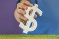 Recession or crisis in the USA. The concept of growth or fall of the economy in the USA. Dollar sign in hand on a purple Royalty Free Stock Photo