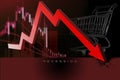 Recession graph. Financial crisis concept. Red arrow graph on the background of stock statistics and baskets from the supermarket Royalty Free Stock Photo