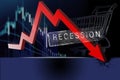 Recession graph. Financial crisis concept. Red arrow graph on the background of stock statistics and baskets from the supermarket Royalty Free Stock Photo