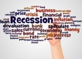Recession word cloud and hand with marker concept Royalty Free Stock Photo