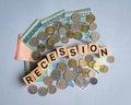 Recession, word on wood block Royalty Free Stock Photo