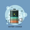 Rechargeable battery with liquid inside and plug. Concept of charge level check, charger or recharger, powerbank