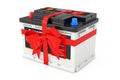 Rechargeable Car Battery 12V Accumulator with Abstract Label and Red Gift Bow and Ribbon. 3d Rendering