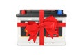 Rechargeable Car Battery 12V Accumulator with Abstract Label and Red Gift Bow and Ribbon. 3d Rendering