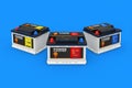 Rechargeable Car Battery 12V Accumulators with Abstract Labels on a blue background. 3d Rendering