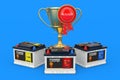 Rechargeable Car Battery 12V Accumulators with Abstract Labels, Golden Award Trophy with Red Award Ribbon Rosette and Winner Sign Royalty Free Stock Photo