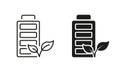 Rechargeable Energy Line and Silhouette Icon Set. Ecological Renewable Battery Pictogram. Accumulator with Leaf Symbol