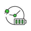 Recharging time, in line design, green. Recharging, time, duration, charge, speed, quick, fast on white background