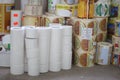 RECHITSA, BELARUS - April 12, 2013: Polygraphic products. colored commercial stickers in rollers.