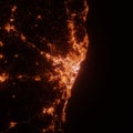 Recife city lights map, top view from space. Aerial view on night street lights. Global networking, cyberspace
