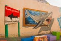 Recife, Pernambuco, Brazil: Beautiful graffiti on the wall of the facade of the house. The shark print. Sign danger.