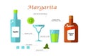 Recipe for an alcoholic drink Margarita. Bottle, glass, lime, mint, lemon, ice on a white background. Flat vector.